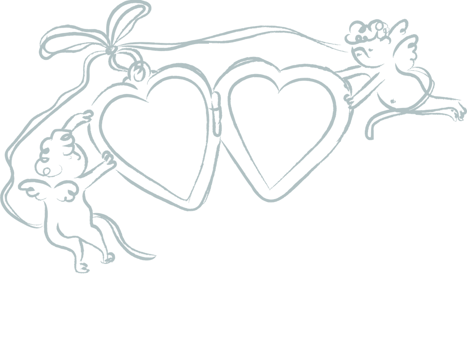 Romantic line drawing of a locket with ribbon and cherubs.