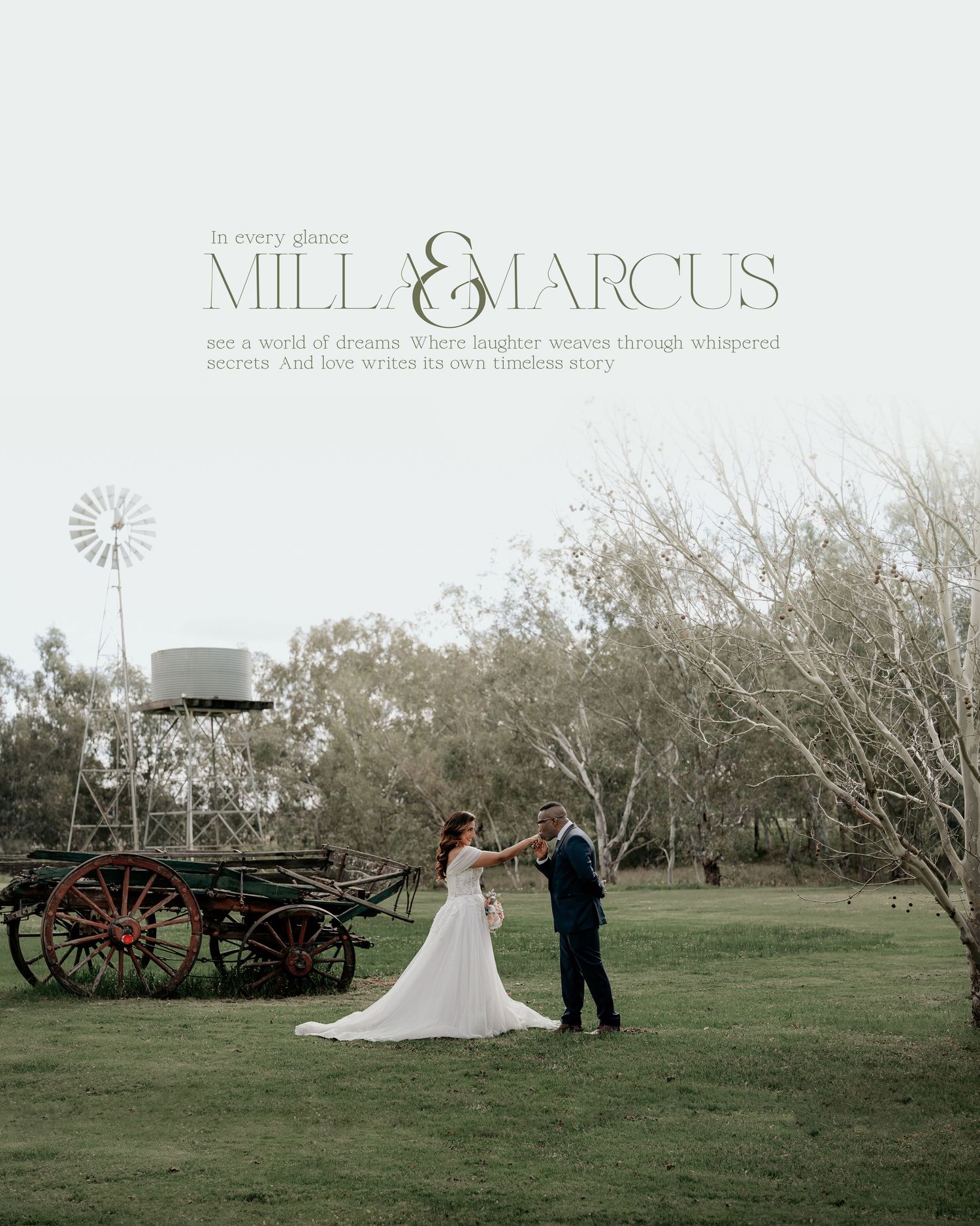 Rustic outdoor wedding scene with antique wagon and windmill in the background at Mill and Marcus wedding venue.