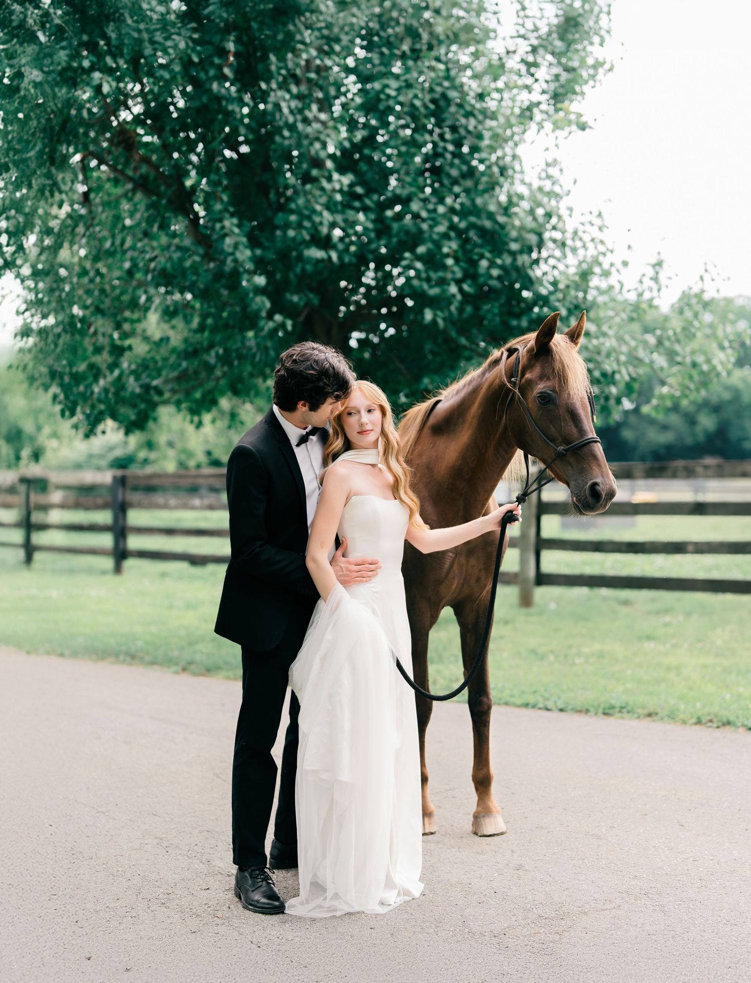 A couple in wedding attire standing next to a brown horse on a tree-lined path, shown in four candid moments.