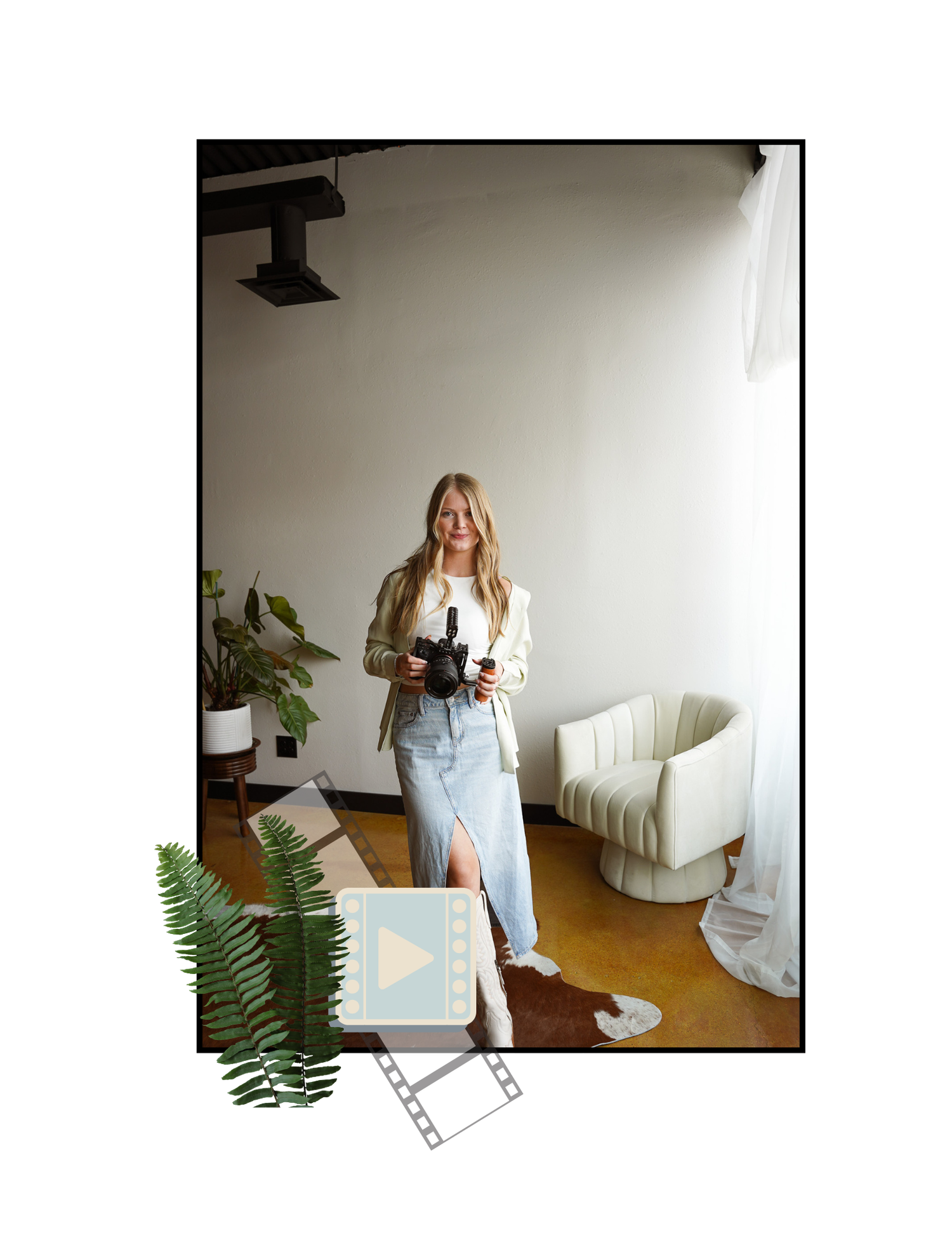 Indoor lifestyle scene with minimalist decor featuring sunlit white furniture and potted ferns against pale walls.