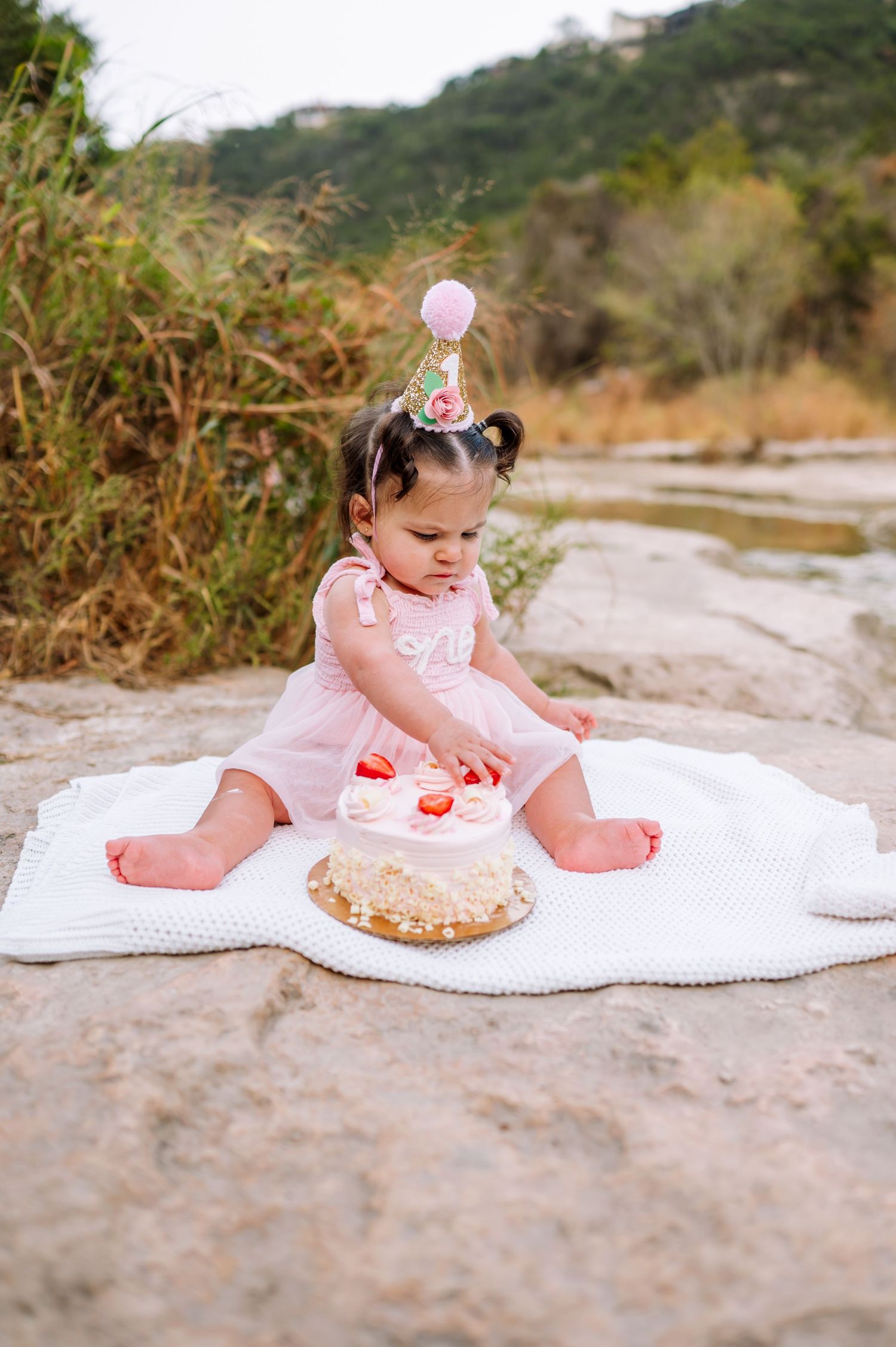 Birthday celebration with small child in pink dress playing with cake outdoors on blanket.