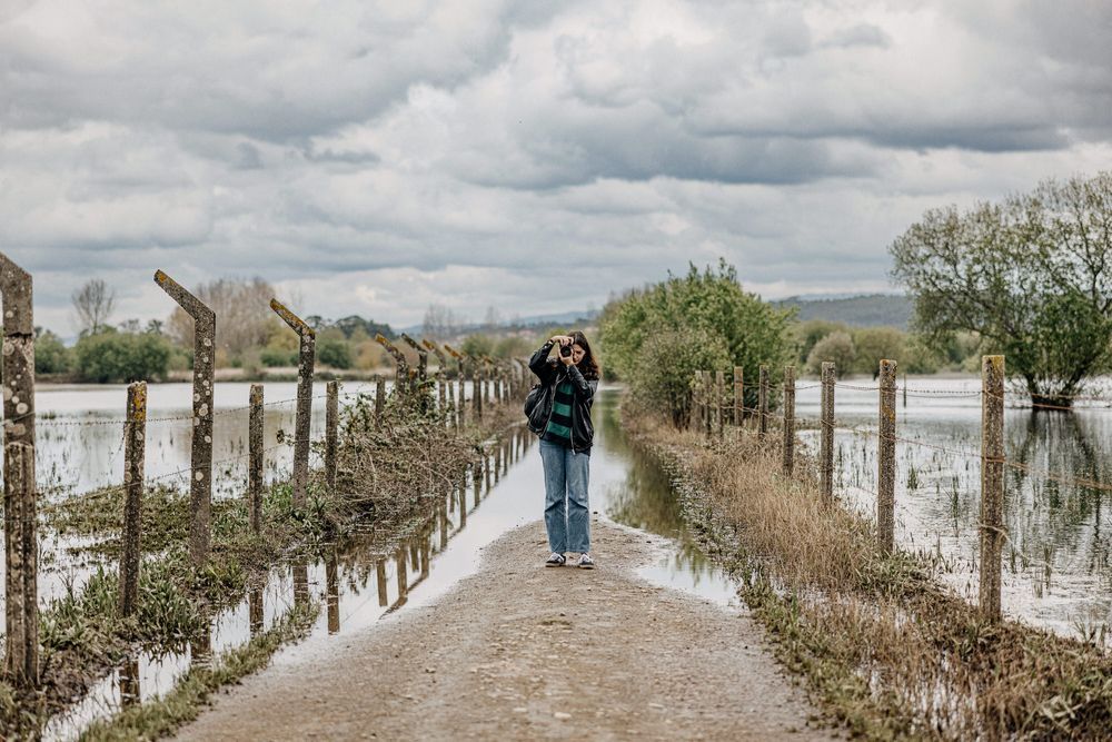 A photographer walks along a narrow path between flooded fields under cloudy skies.