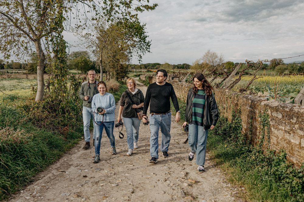Group of friends walking together on a countryside path surrounded by trees and greenery.