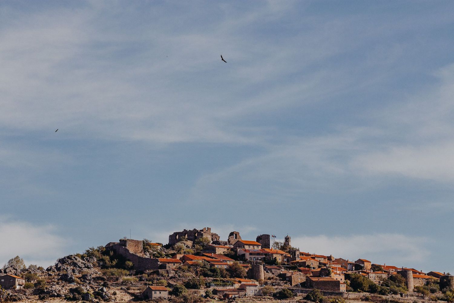 Terracotta-colored buildings clustered on a hilltop with birds flying in the blue sky above.