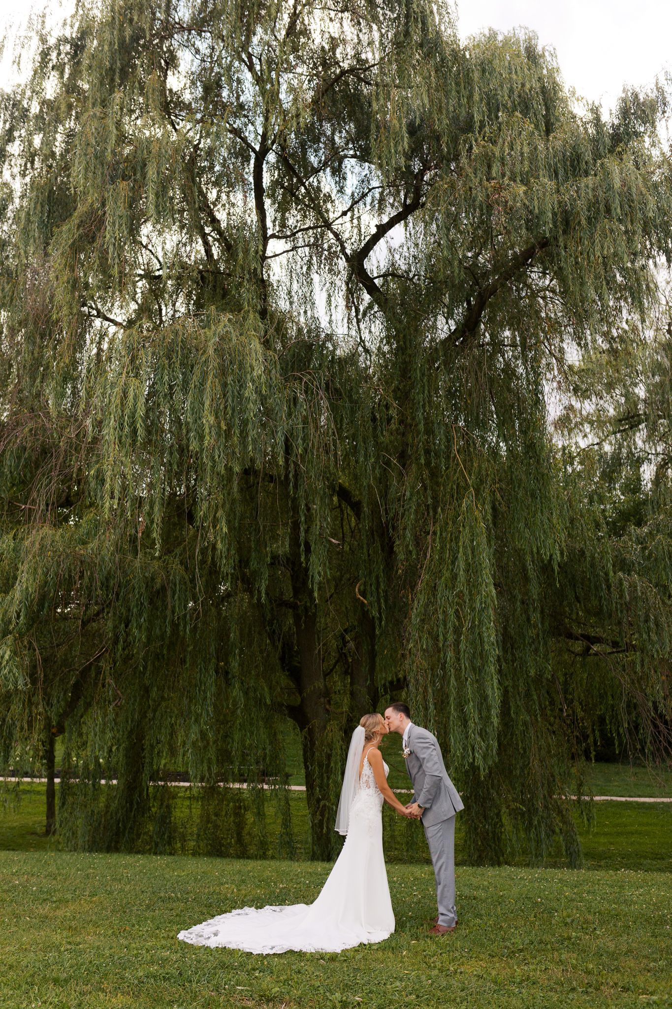 bride and groom kissing in front of a large willow tree
