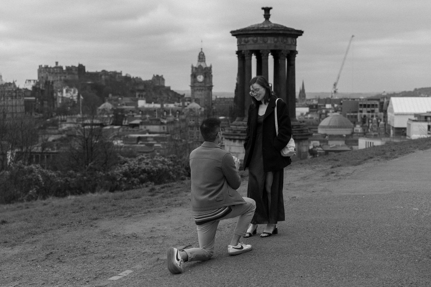 Brian proposing to Melissa at Calton Hill, Edinburgh
