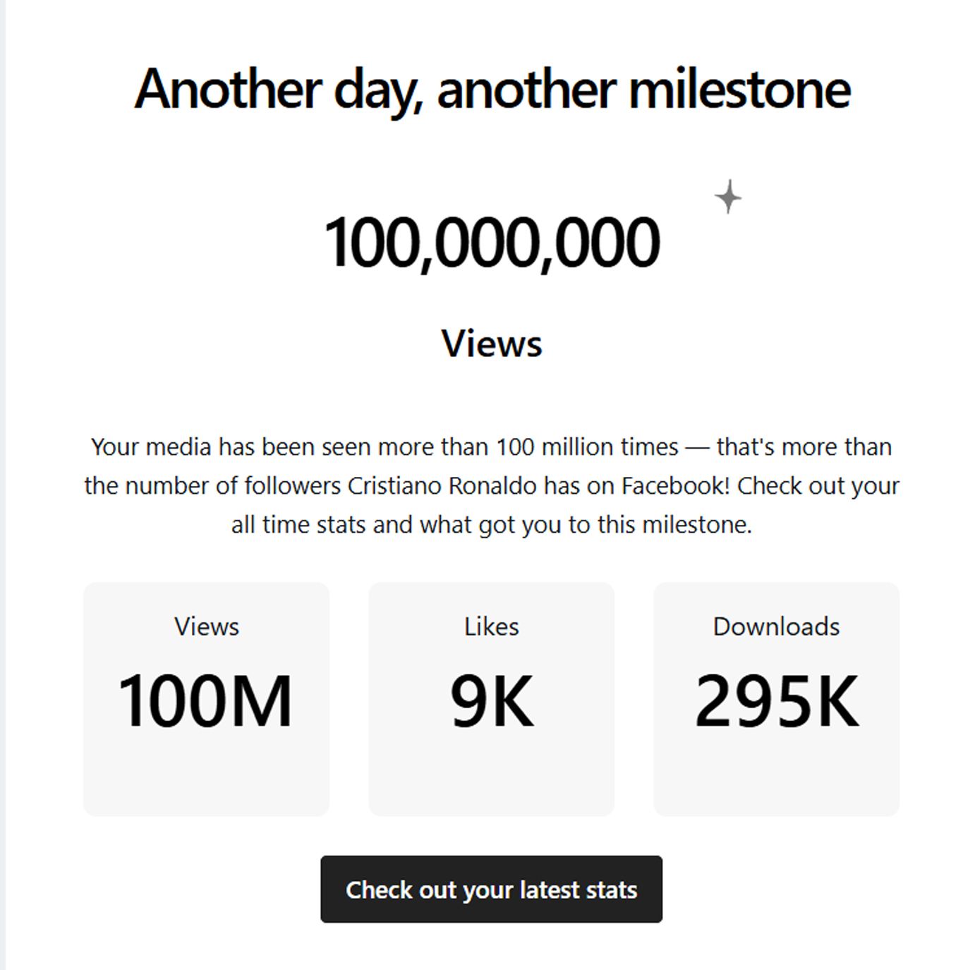 Social media stats showing 100 million followers milestone with view count and engagement metrics displayed on dark interface.