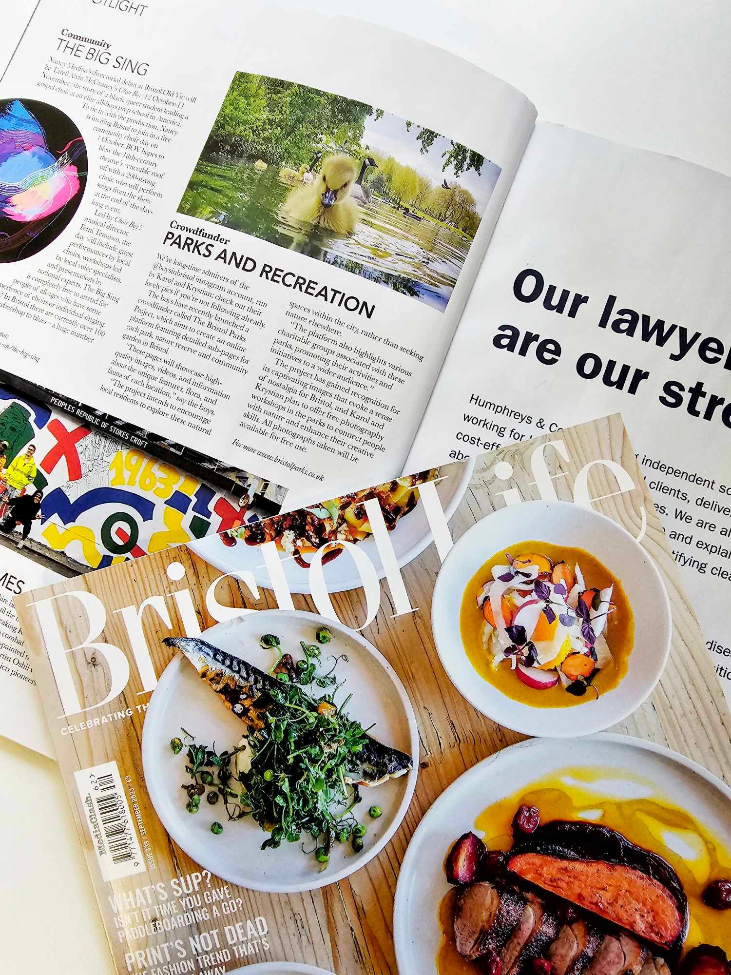 Magazine spread showing park activities page and food photography with colorful dishes including salad and soup on wooden surface.