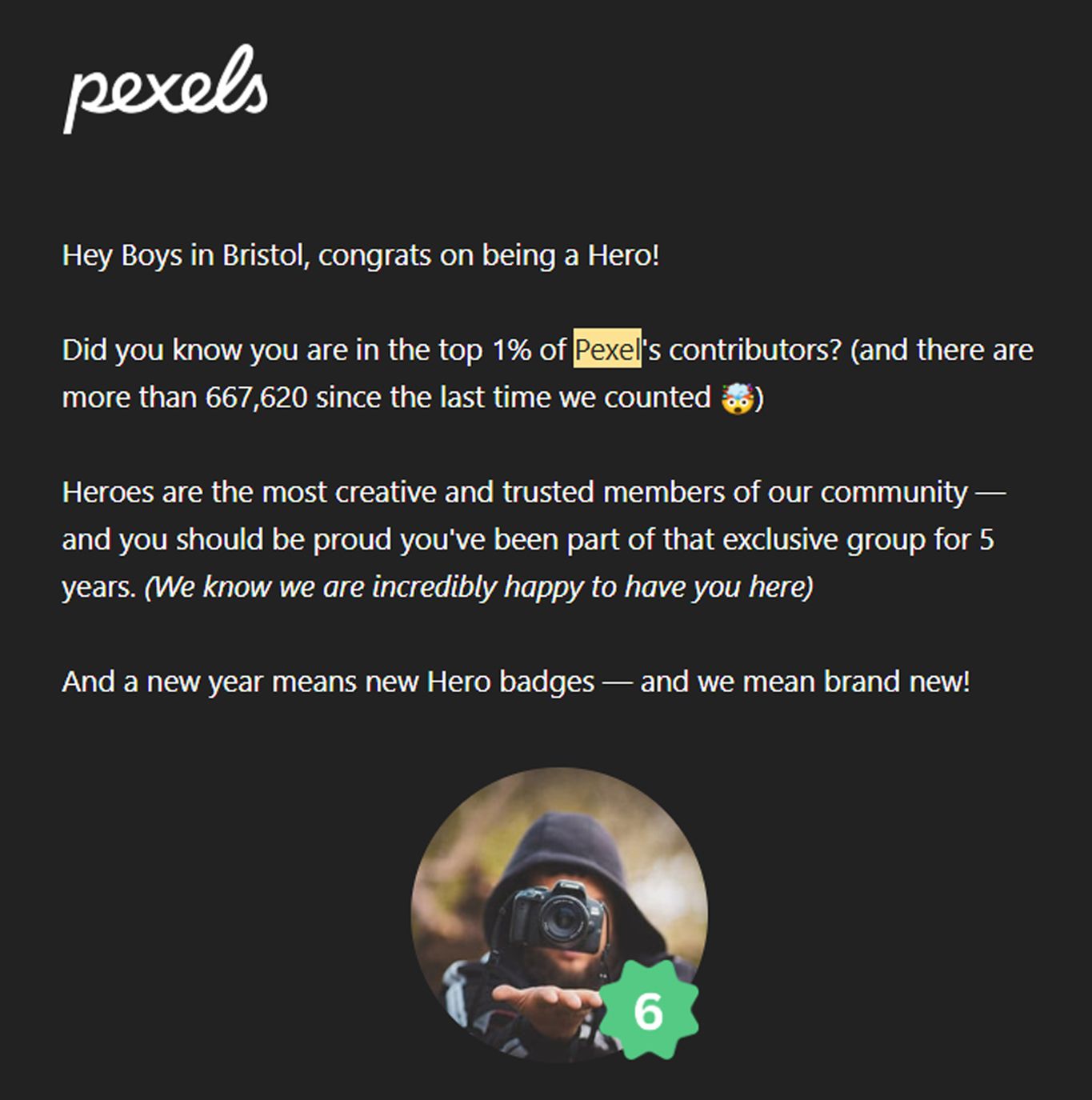 Several lines of text about community membership and badges are displayed on a dark background.