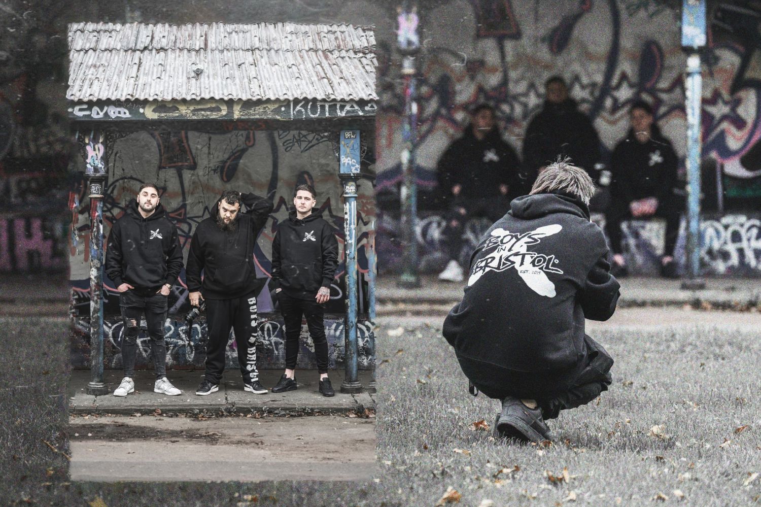 Three people wearing dark urban sportswear stand in front of a concrete wall with graffiti tags.