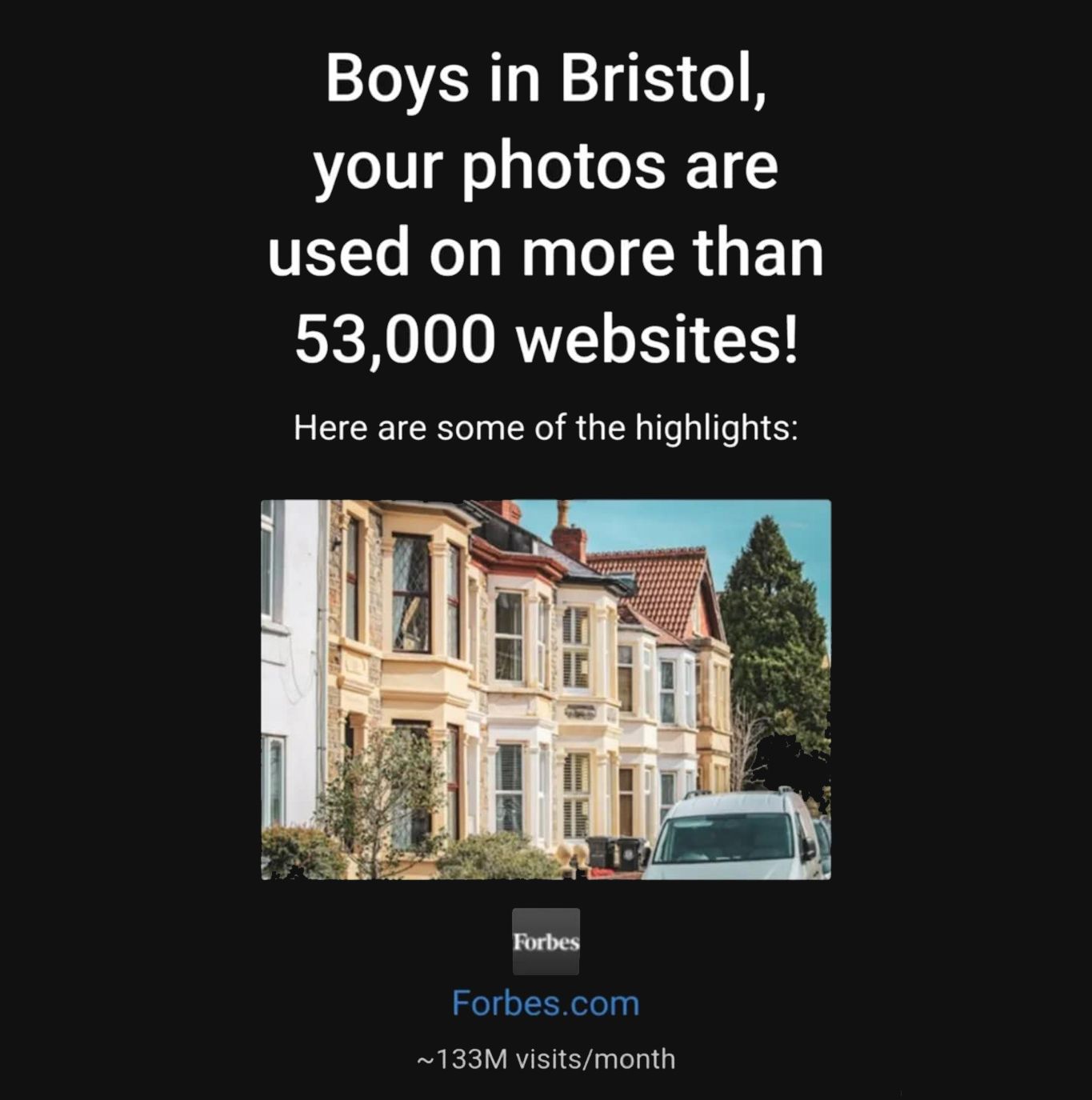 Screenshot showing website metrics and analytics interface with text about photo usage and traffic statistics.