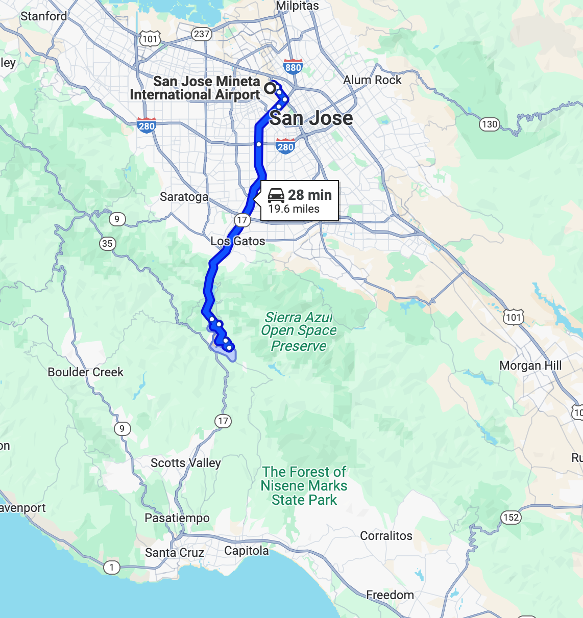 A Google Maps route showing directions from San Jose to the south through Santa Clara County on Highway 101.