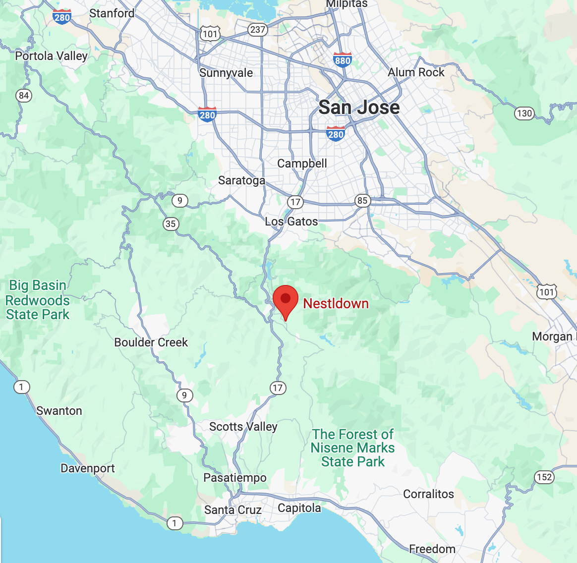 Map showing Noteltown location marked with a red pin near San Jose and Davenport in California.