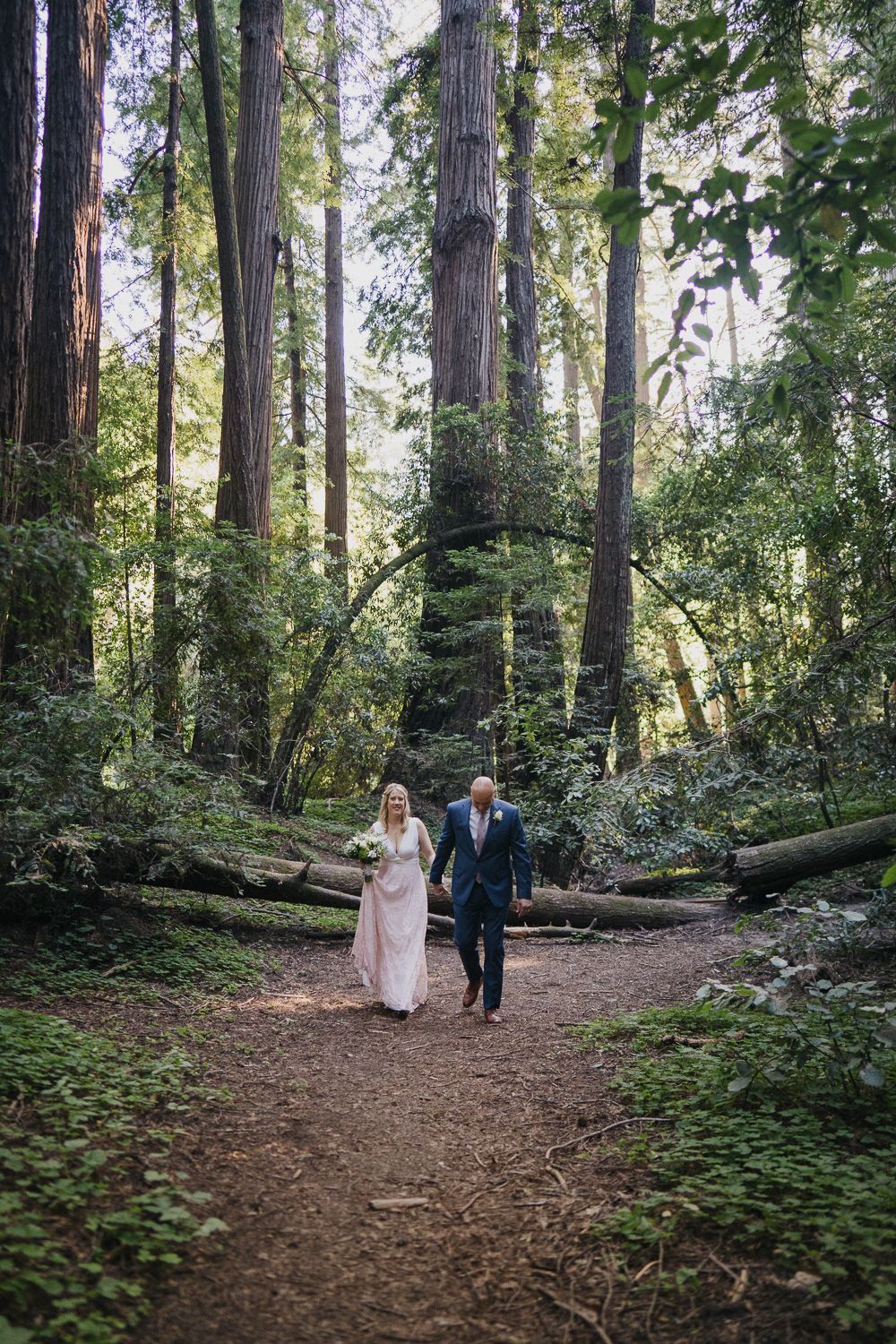 A couple in formal attire walks together on a forest trail surrounded by towering redwood trees and lush greenery.