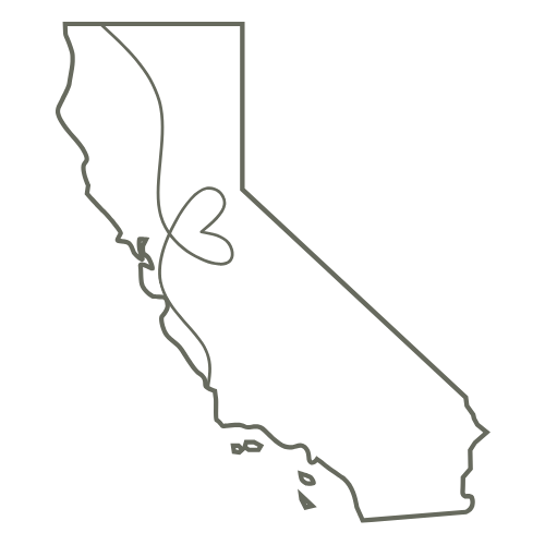 An outline of California state with a heart symbol drawn in the San Francisco Bay Area region.