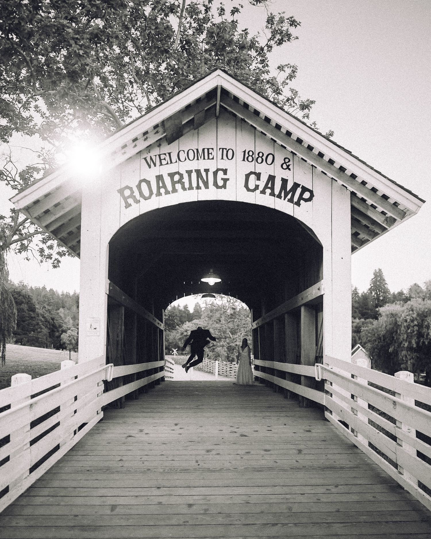 Welcome sign over an old covered wooden bridge leads to Roaring Camp with sunlight peeking through the trees in black and white.