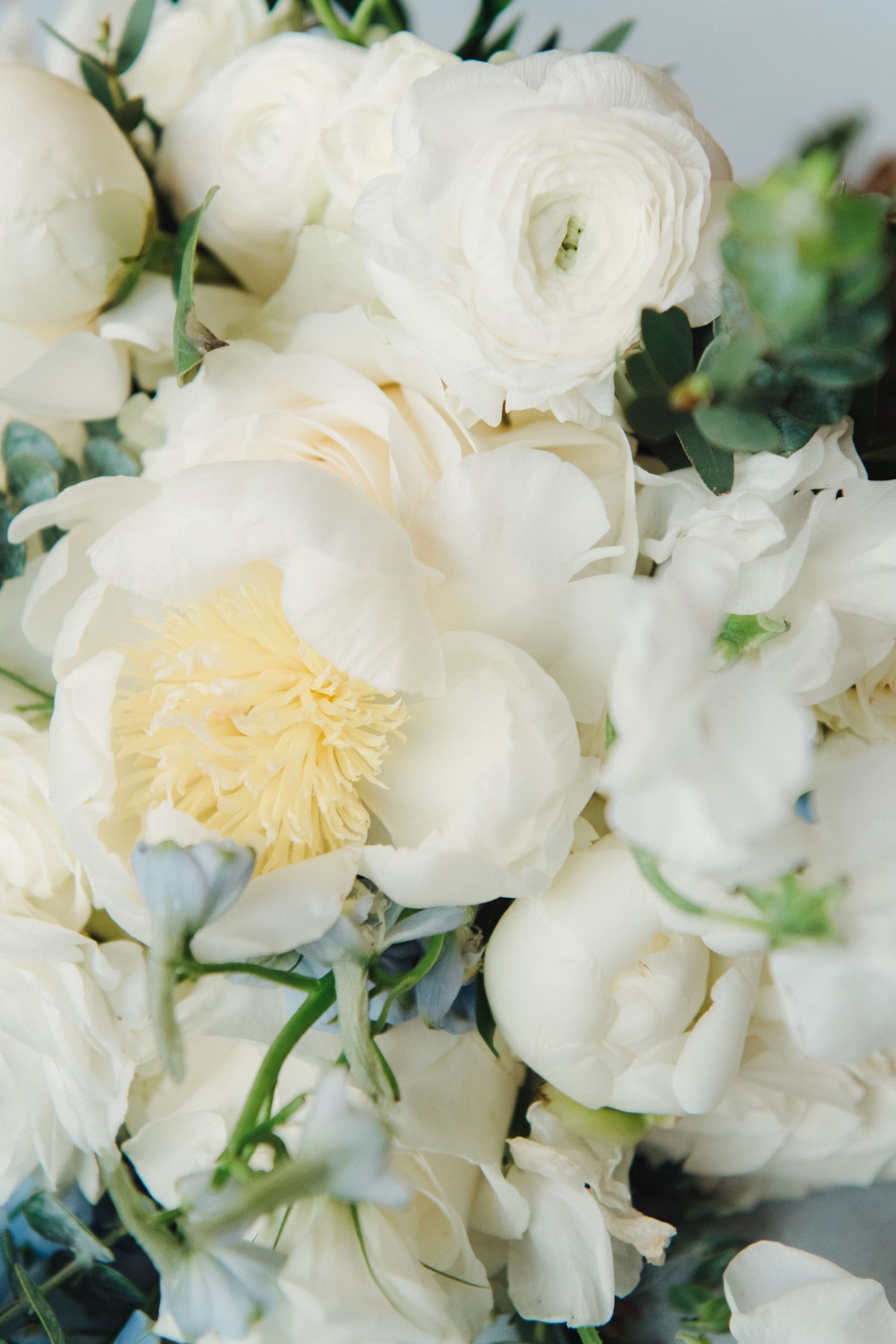 Close-up of white peonies and ranunculus flowers in a romantic bridal bouquet with soft yellow centers and green foliage.