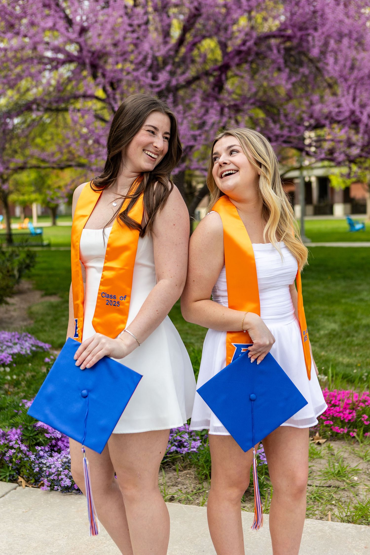 Two graduates in white dresses and orange sashes hold blue diplomas under blooming cherry trees on a spring day.