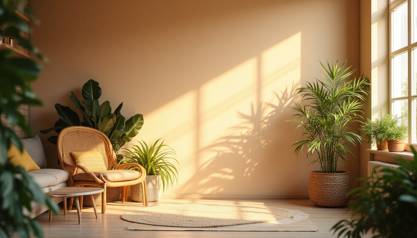 Rattan chair in a cozy sunlit corner surrounded by indoor plants casting dramatic shadows on warm beige walls.
