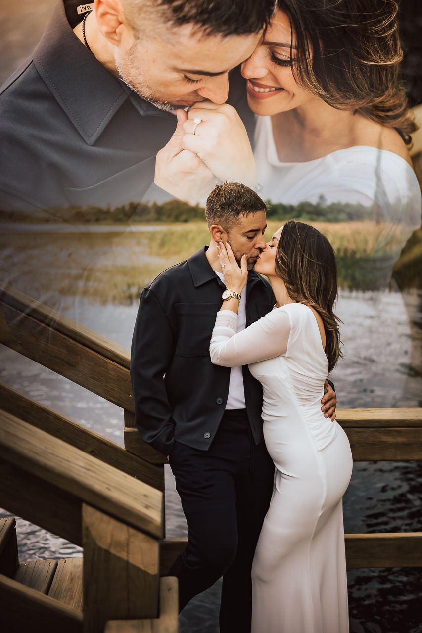 Romantic double exposure wedding photo showing intimate couple embracing on wooden dock by water at sunset.