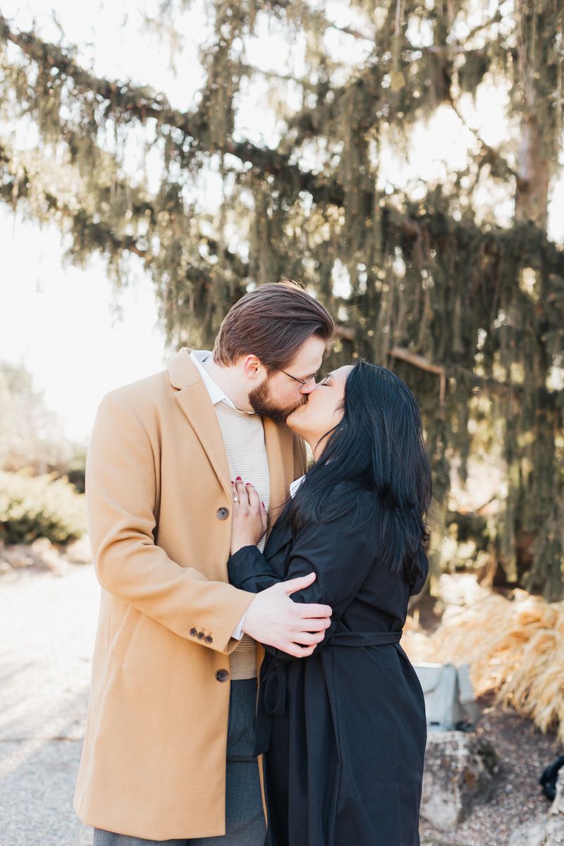 A tender romantic moment captured beneath swaying willow branches.