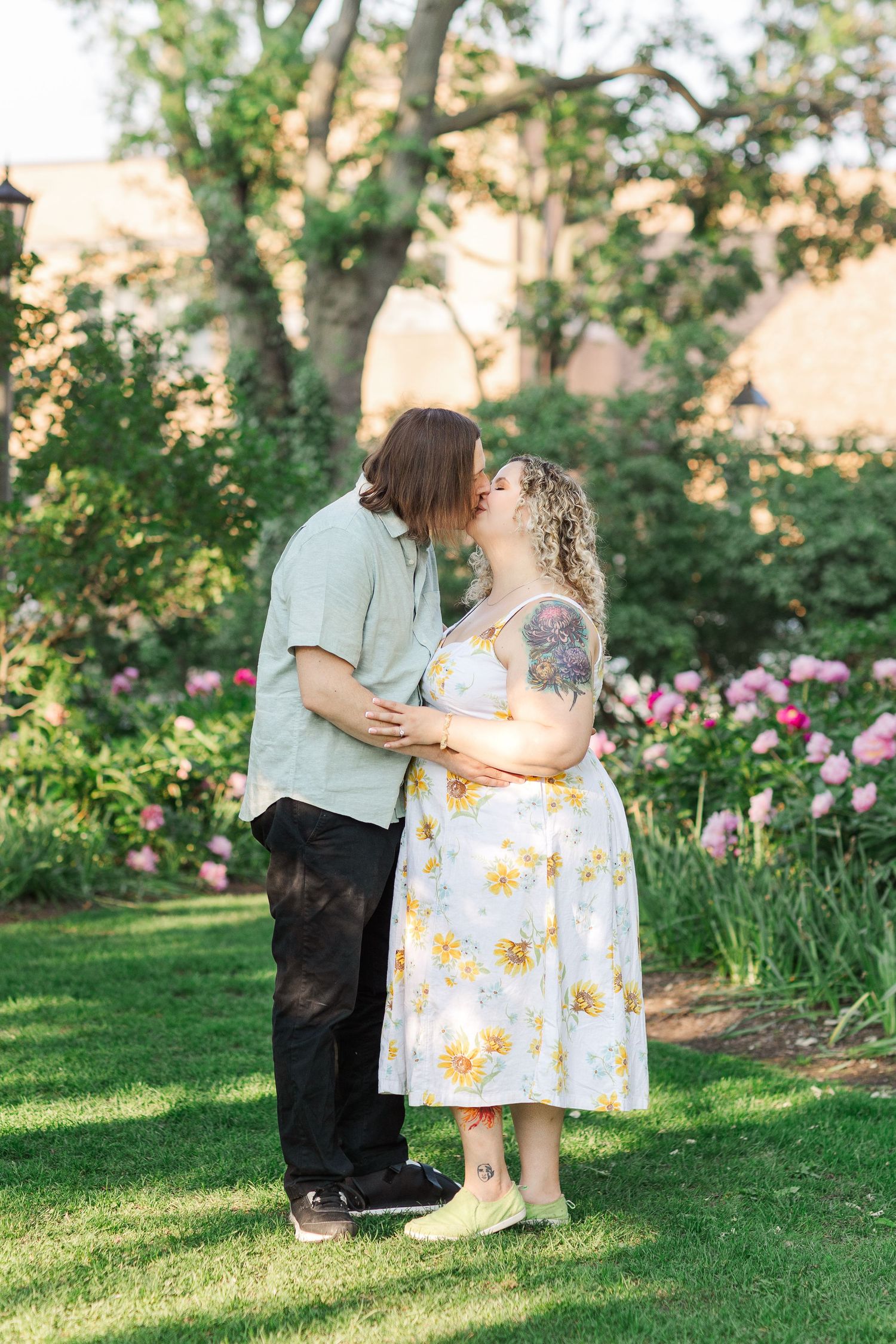 Romantic engagement portraits in garden setting at Lilacia Park Lombard IL