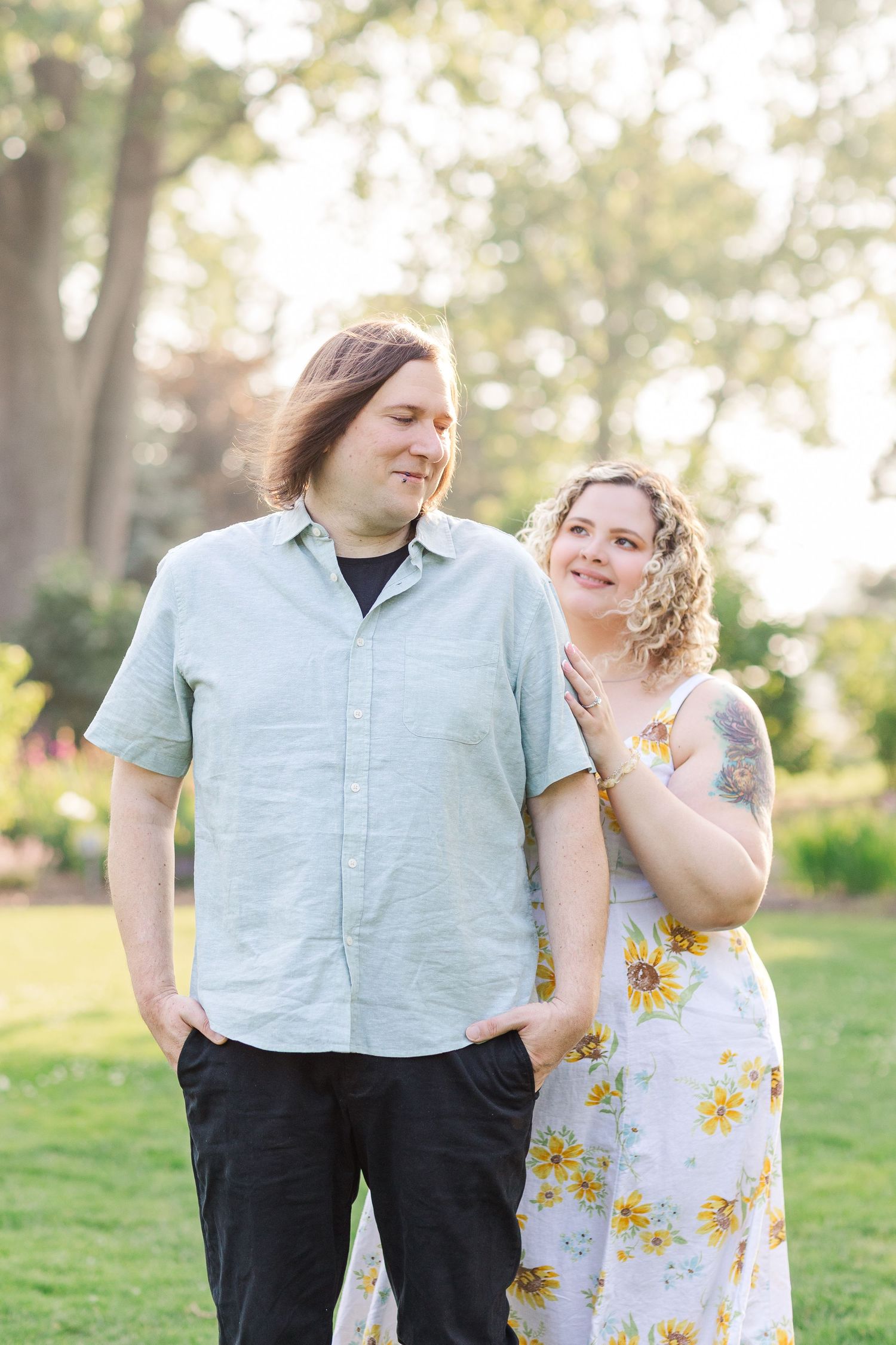 Romantic engagement portraits in garden setting at Lilacia Park Lombard IL