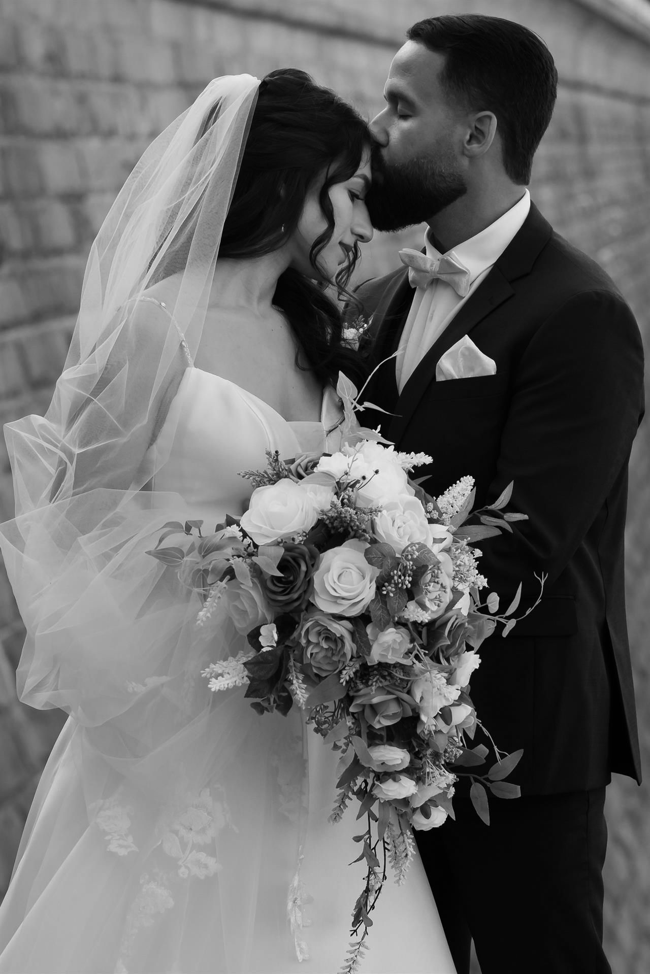 Bridal bouquet close-up with in Allentown PA, styled fine art editorial wedding image in black and white