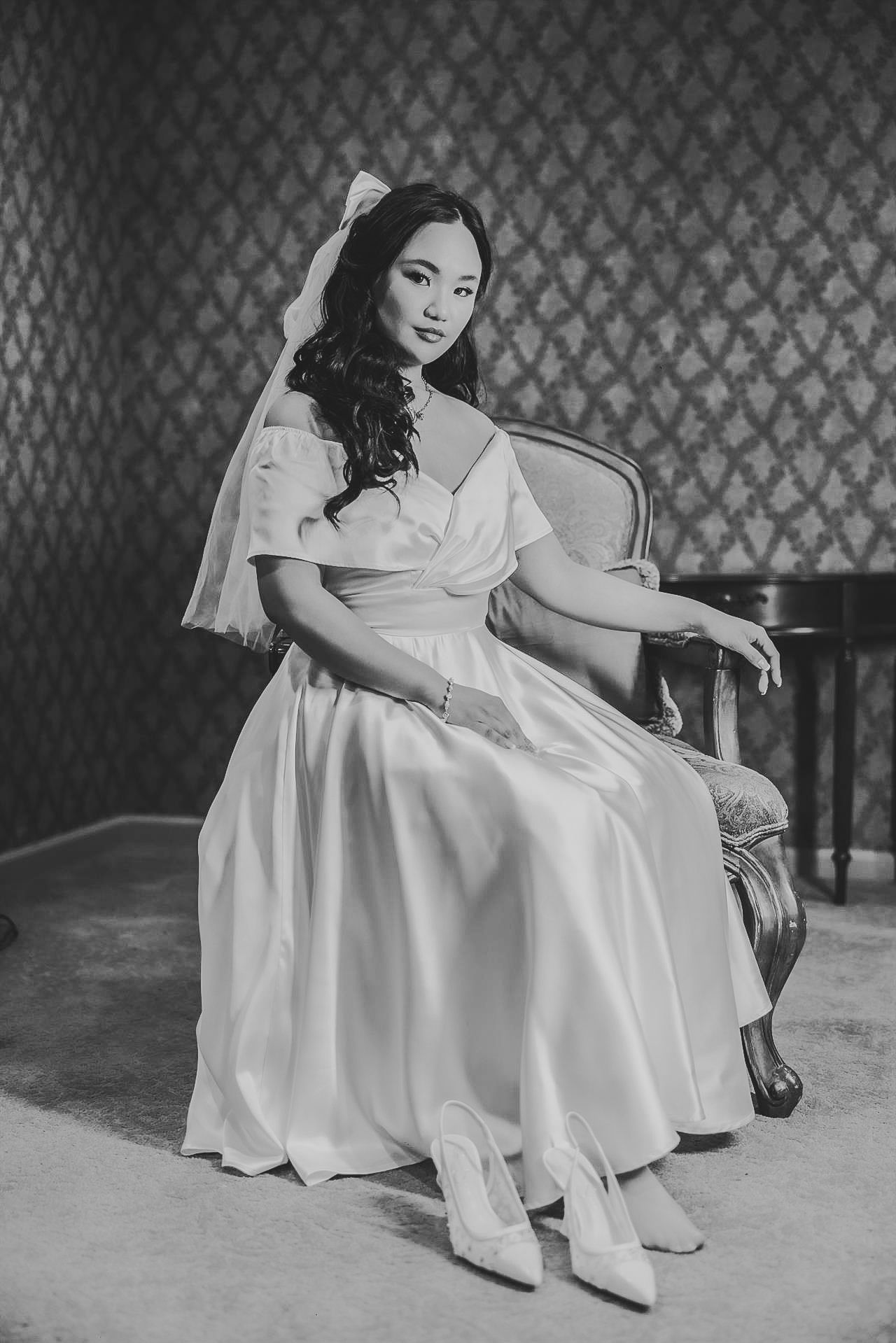 Editorial portrait of asian bride in vintage veil, captured on film in Philadelphia PA wedding venue