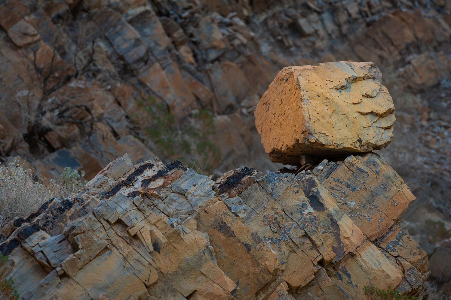 Weathered rock formations display layered textures and earthy orange tones.