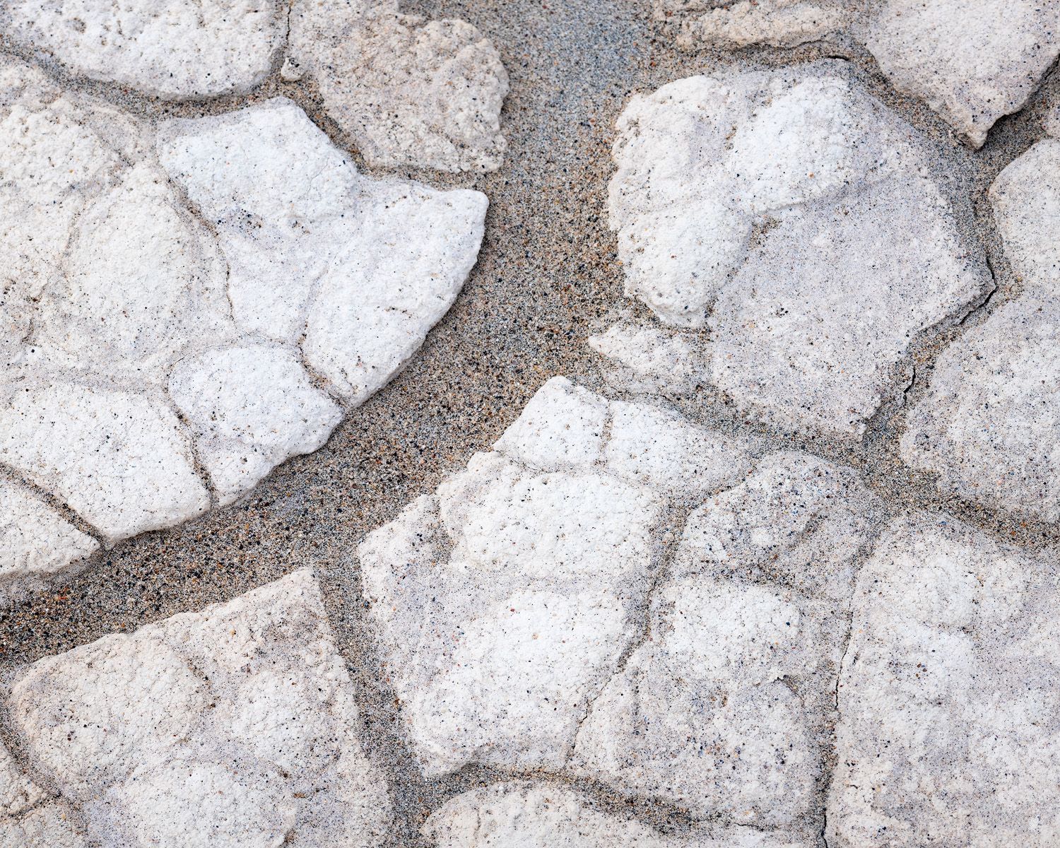 Abstract pattern of cracked white salt deposits covering dry desert ground.