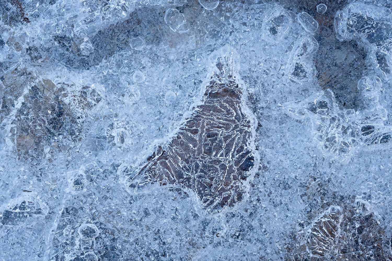 Close-up of intricate ice crystal patterns forming on a frozen surface.