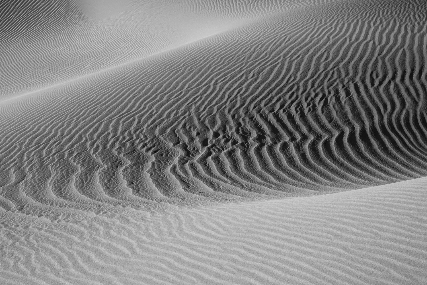 Abstract patterns of sand ripples in black and white across desert dunes.