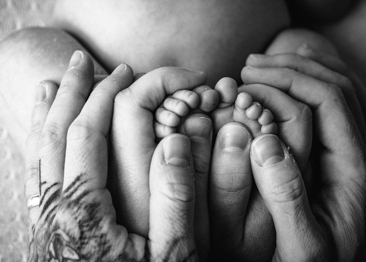 Black and white close up photo showing adult hands gently cradling tiny baby feet.