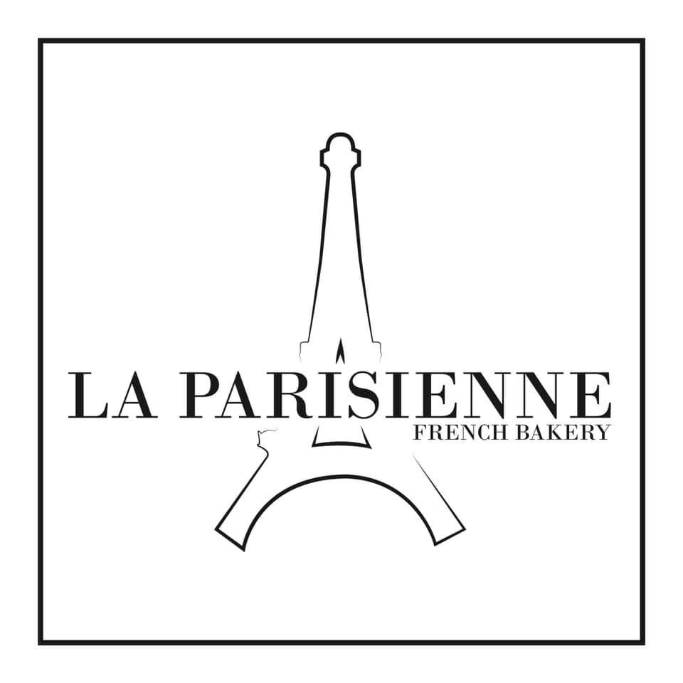 Minimalist logo design for La Parisienne French Bakery featuring a stylized Eiffel Tower icon in black and white.
