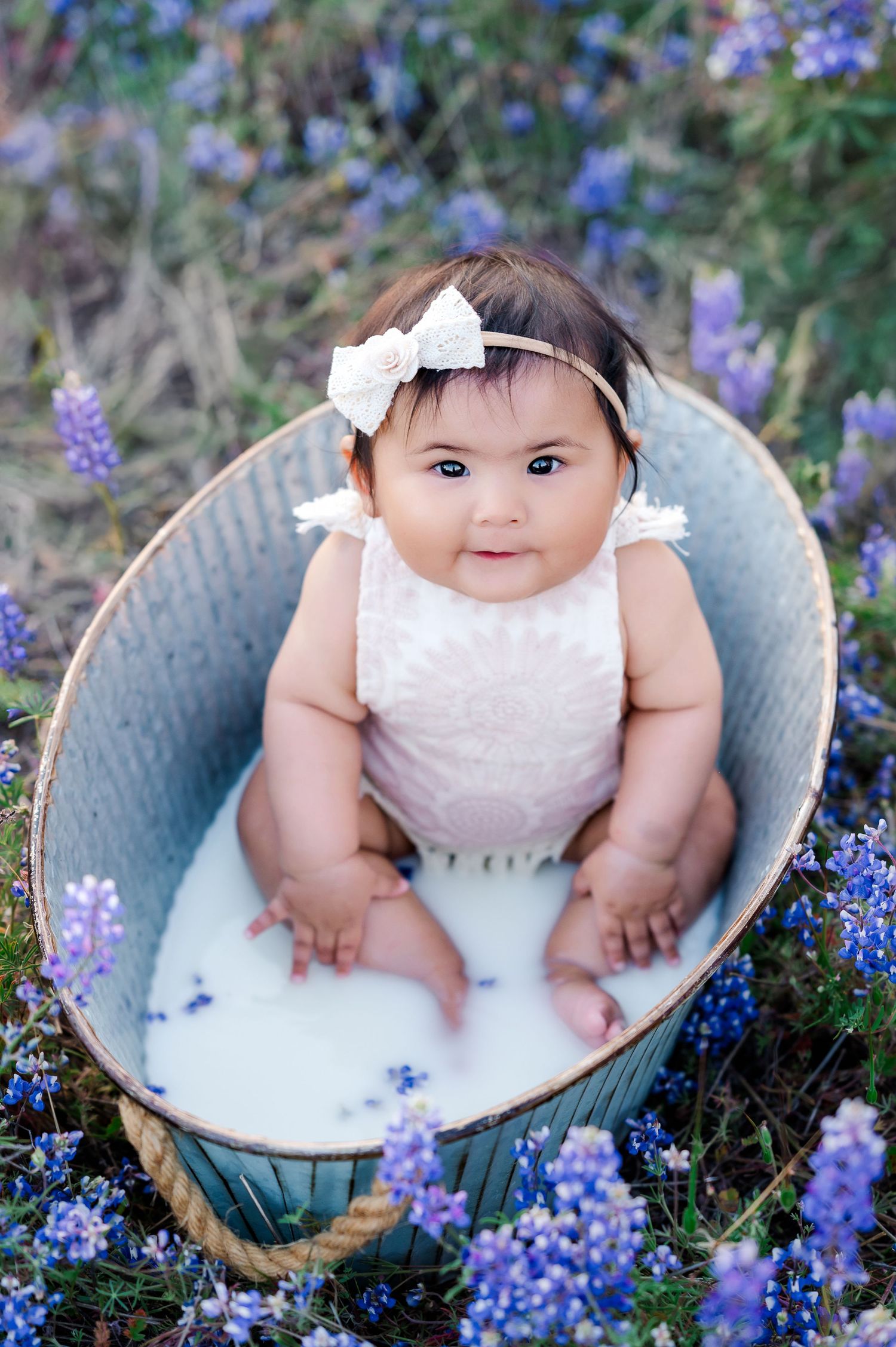 Baby in white dress sits in metal tub surrounded by blooming bluebonnets.