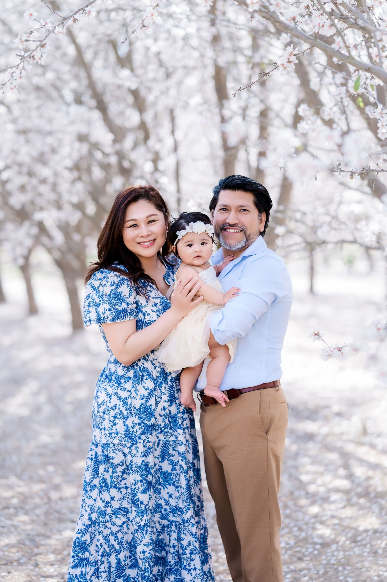 Family poses together among blooming spring cherry blossom trees.