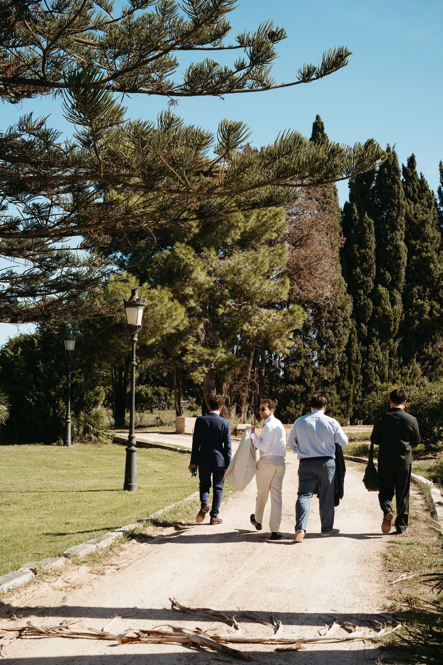 A group walking along a curved garden path under tall trees on a sunny day.