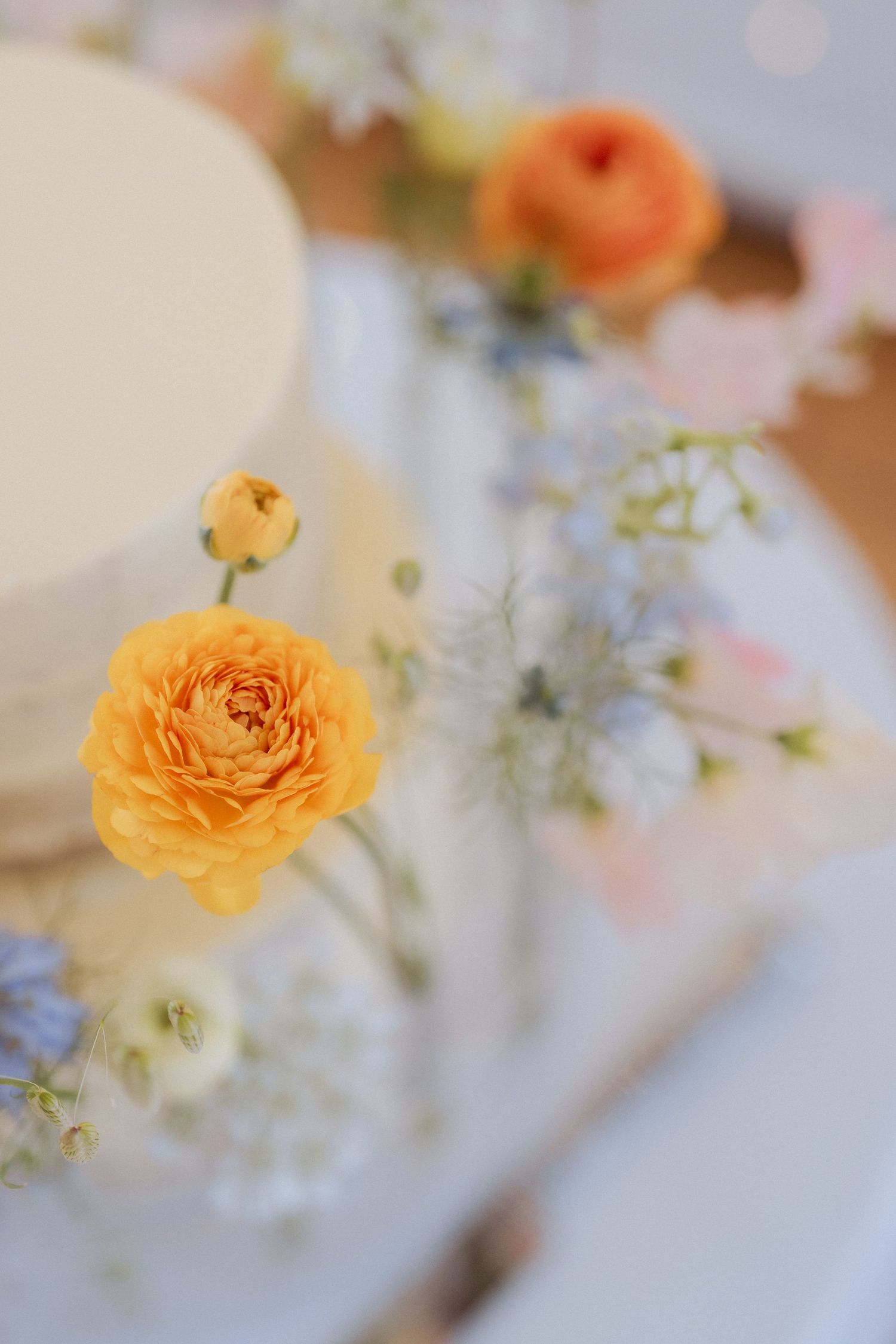 A delicate orange ranunculus flower in soft focus with white baby's breath and pastel floral arrangements in the background. Wedding