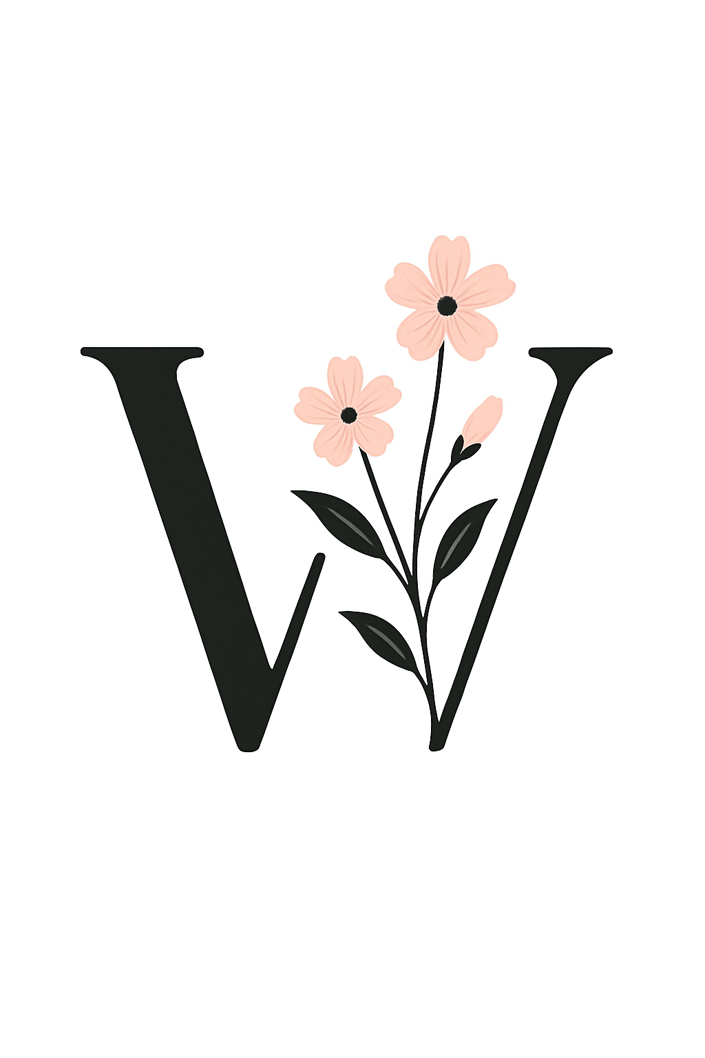 Black letter W with delicate pink flowers and green leaves decorating its right side in a minimalist floral design. Wychwood weddings