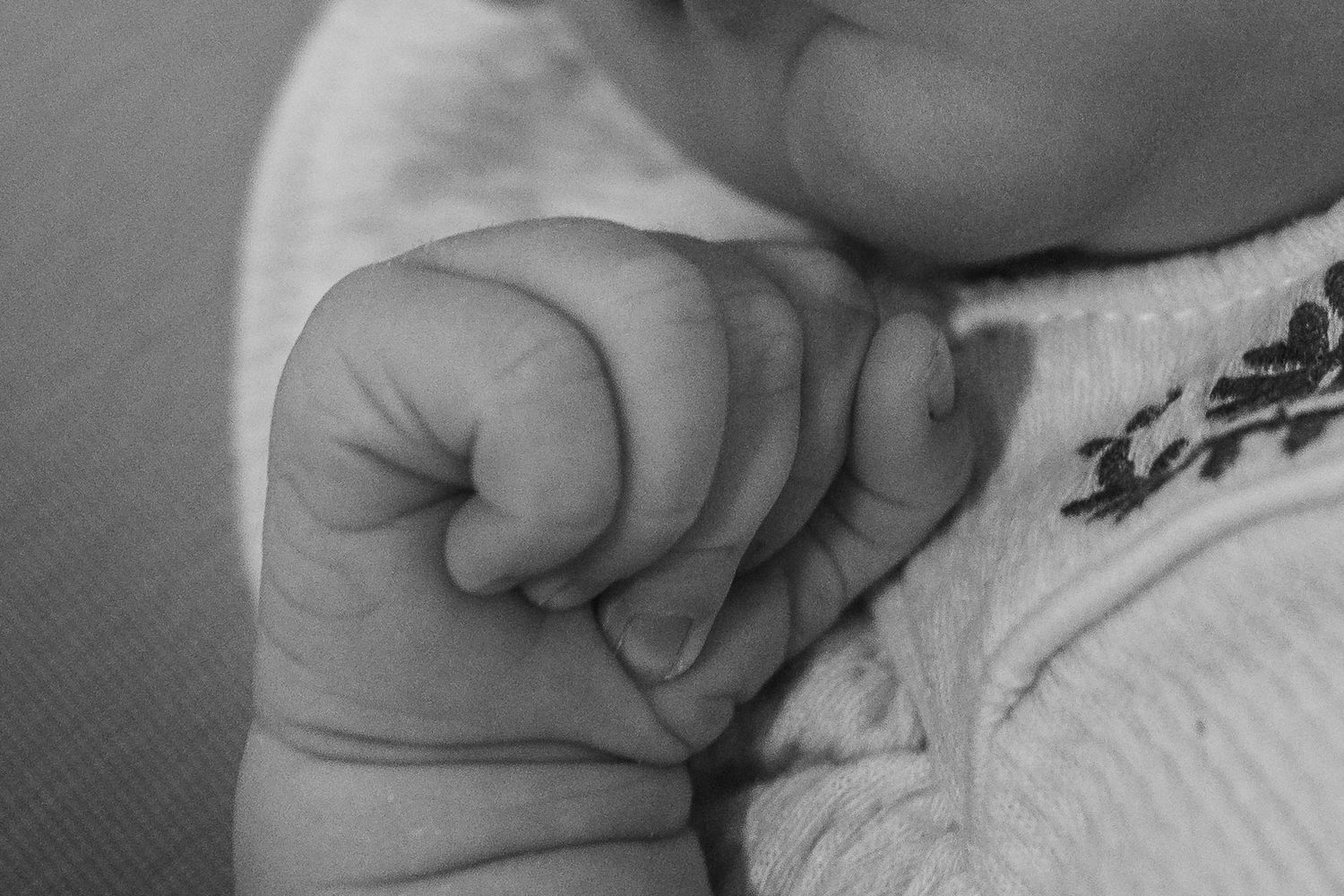 Black and white image of infant hands gripping adult fingers in tender, intimate moment.