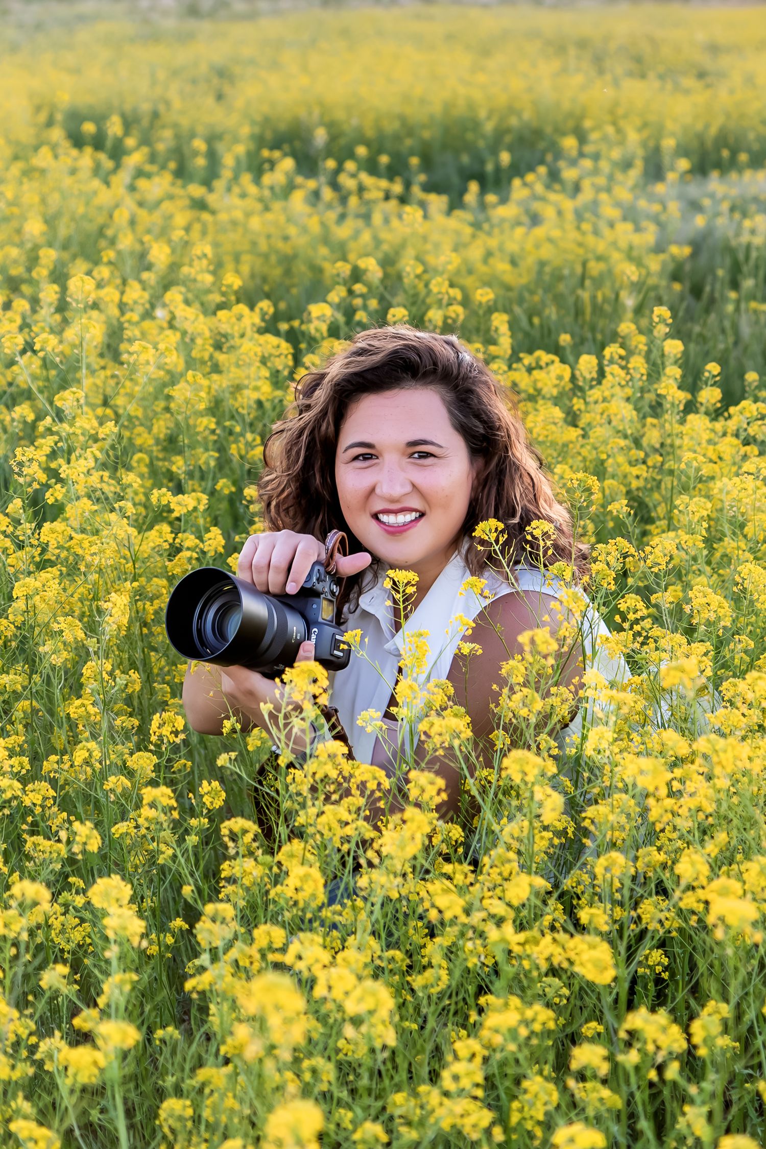 A photographer with a camera kneels in a vibrant field of yellow wildflowers on a sunny day.