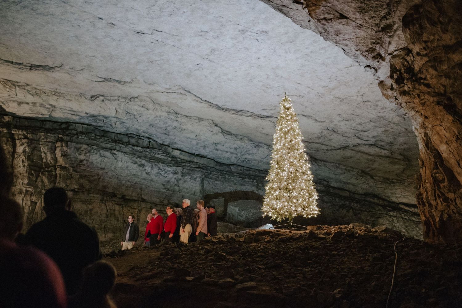 Illuminated Christmas tree glows brightly inside Mammoth Cave with silhouettes of visitors visible in the darkness.