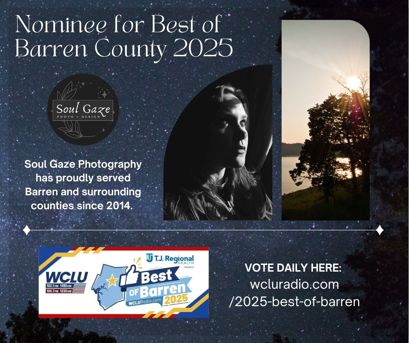 A banner image collage showing awards and landscapes with text overlays about Barren County 2025 photography.
