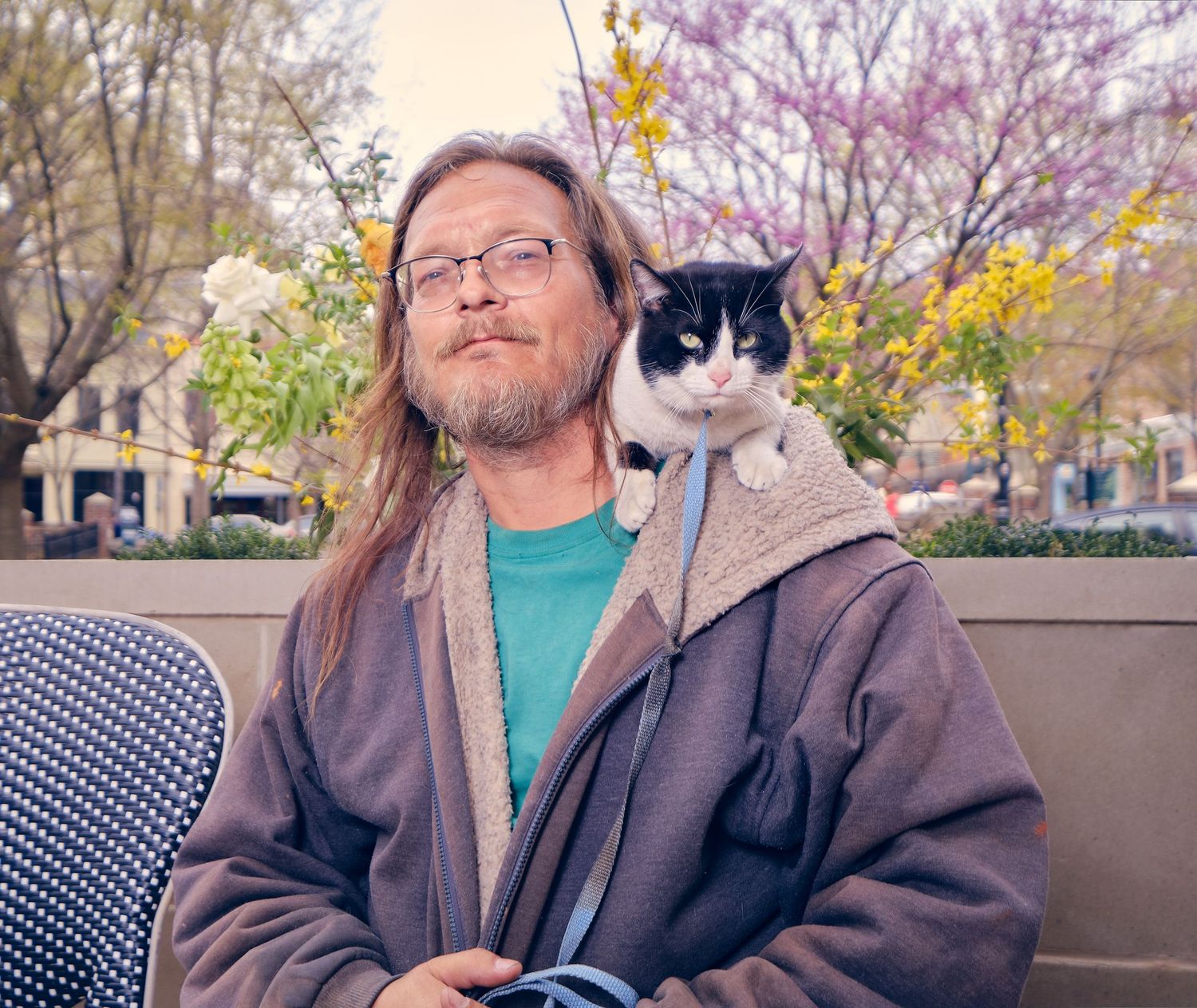 Someone sits outdoors with a black and white cat on a bench near blooming spring trees.
