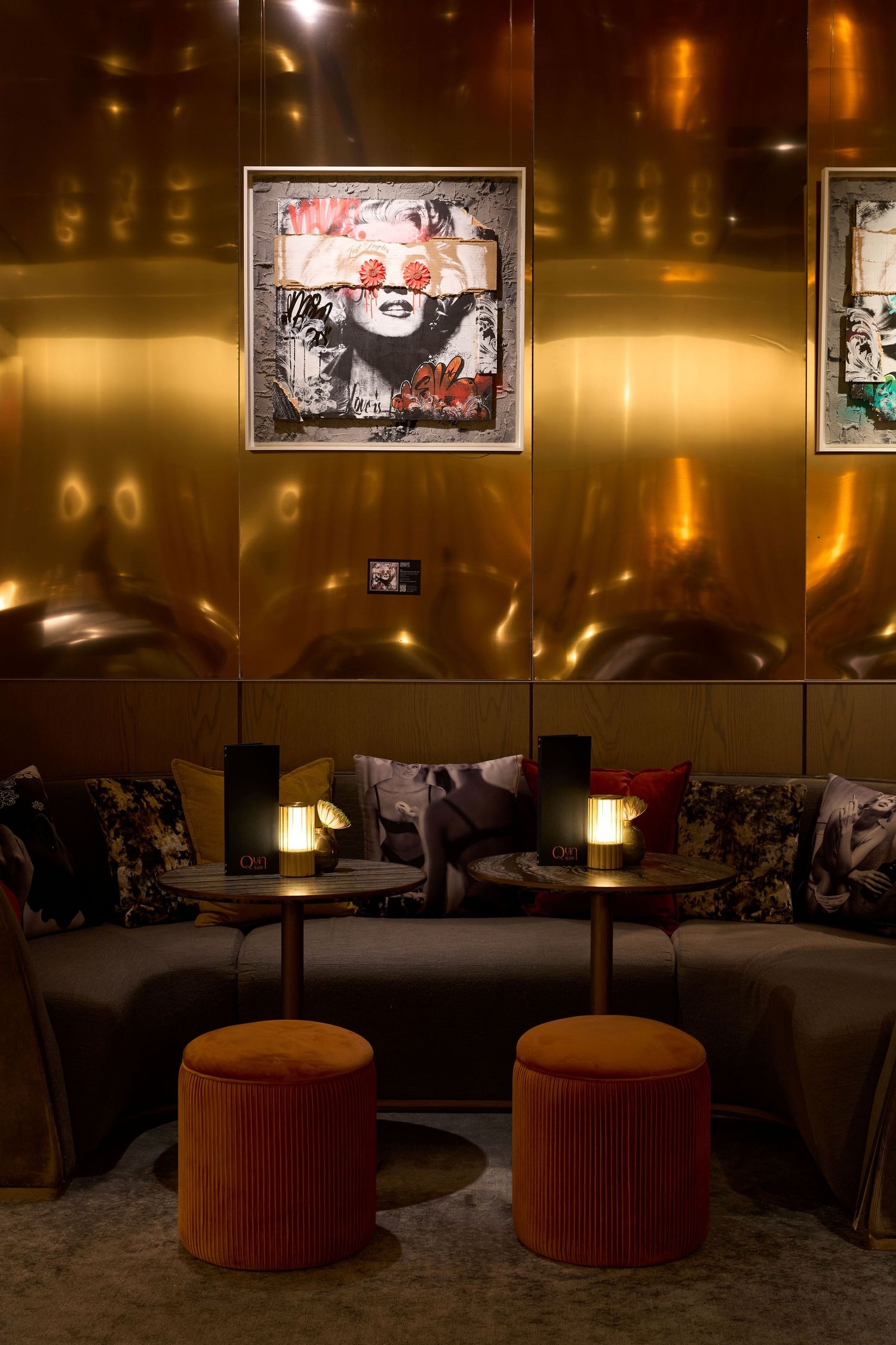 Moody interior photography of the sofa of the Quin bar in Hudson yards, NY