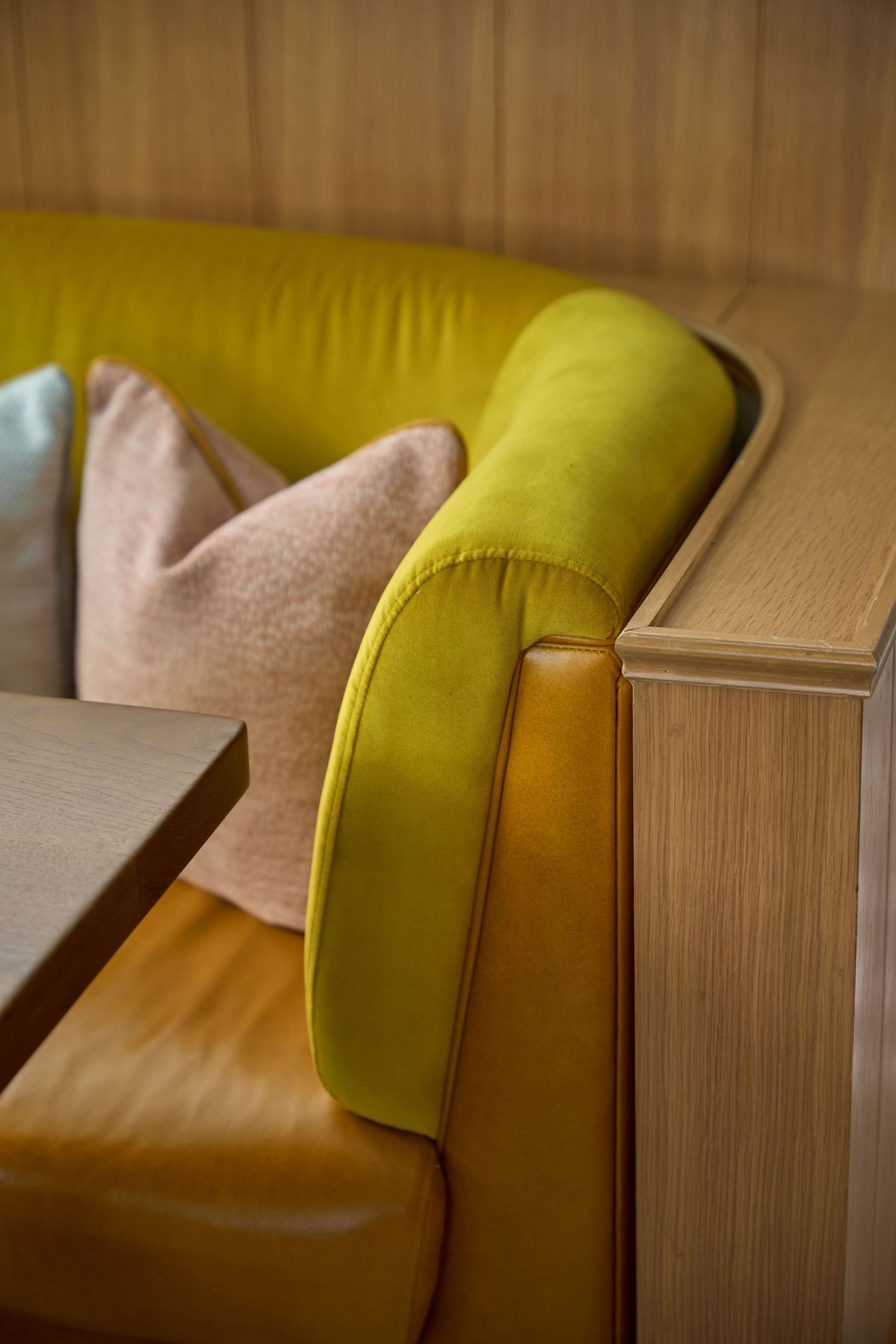 Detail picture of a yellow banquette at Chez Mia, west hollywood, LA. Design by Fettle Design
