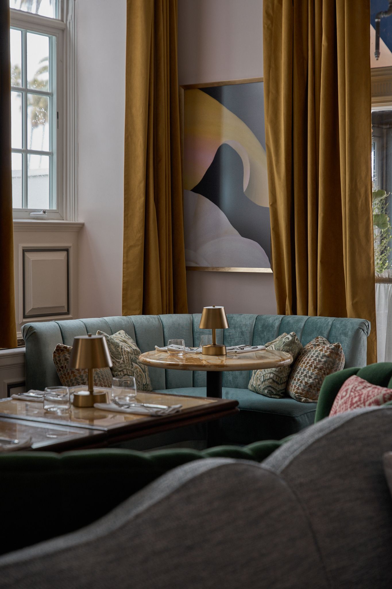 Corner of the dining room at the Georgian Hotel in Santa Monica, LA. Interior Design by Fettle Design