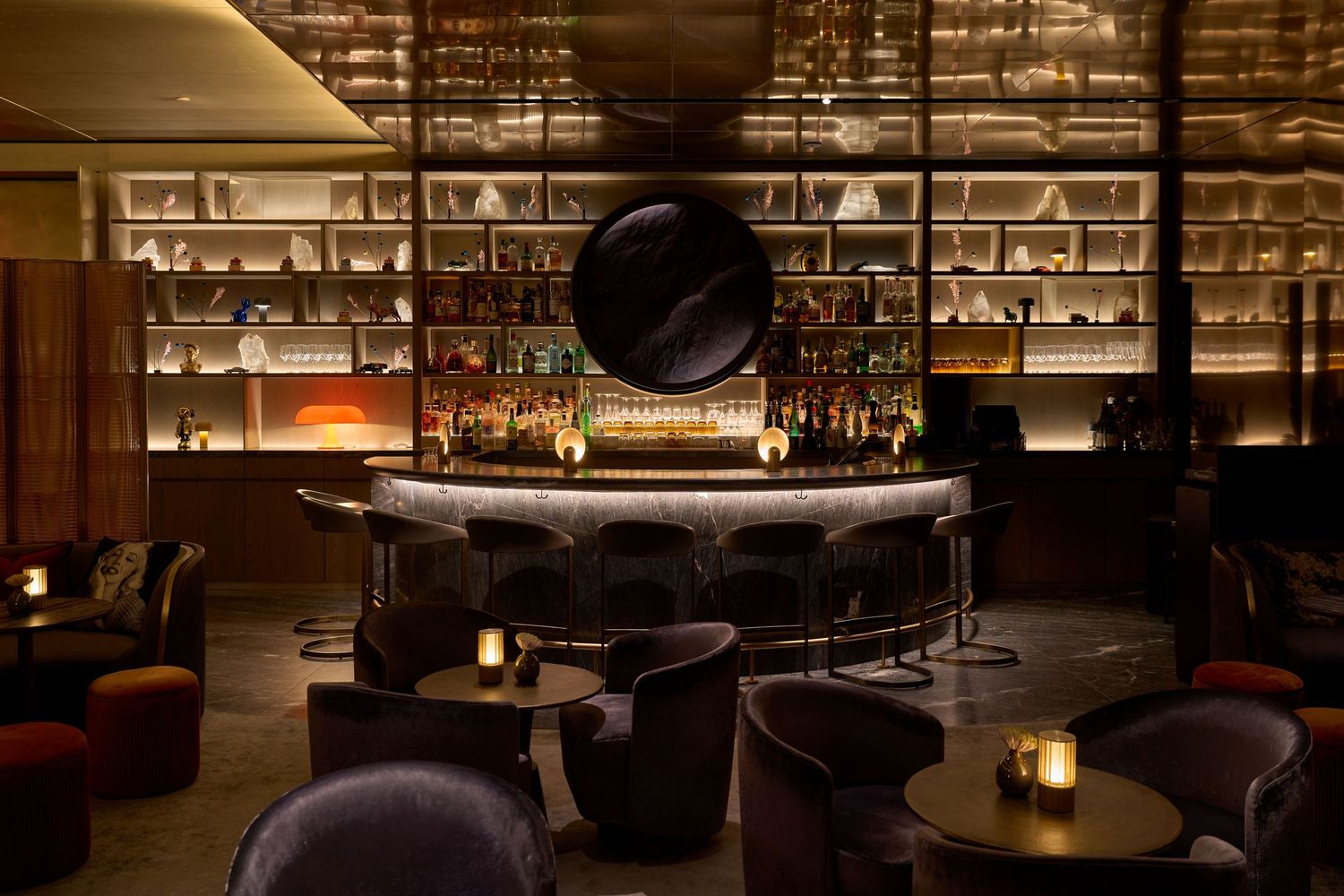 Moody interior photography of the bar at the Quin bar in Hudson yards, NY