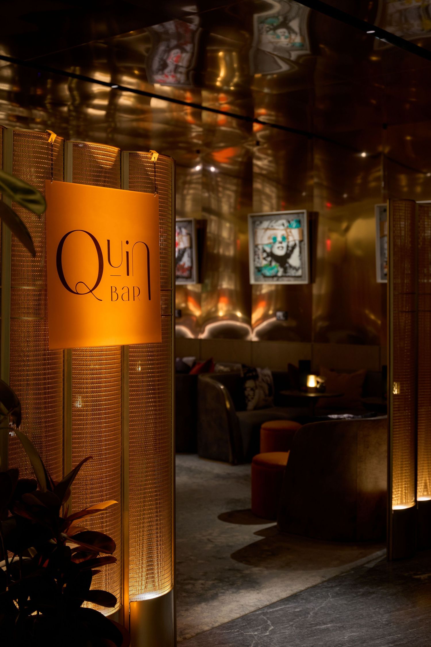 Moody interior photography of the entry of the Quin bar in Hudson yards